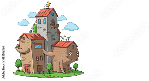 Quirky cartoon houses with faces and arms in a whimsical landscape