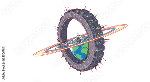 Futuristic space station orbiting earth in detailed comic style