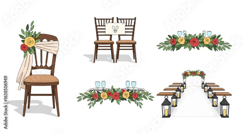 A set of beautiful wedding ceremony decorations. Illustrated collection of rustic floral arrangements, aisle with arch, and chairs for a special event.