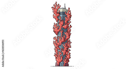 Futuristic skyscraper wrapped in organic coral elements