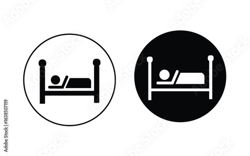 Hotel Room Icon – Single Bed with Person Sleeping, Flat Vector Illustration