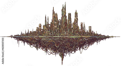 Futuristic floating city with intricate wirework in symmetry
