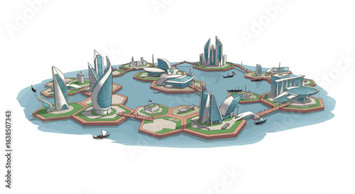 Futuristic floating cityscape with modern architecture and waterways