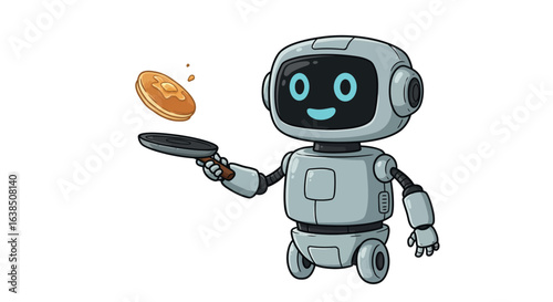 Cute robot chef flipping pancake isolated on white background
