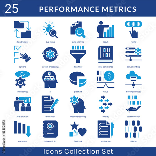 Performance Metrics icon set collection in solid glyph style. an icon pack contain result, rating, options, stream processing, data filter, data compliance, server setting, monitoring