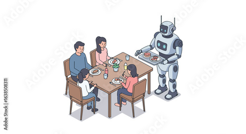 Isometric futuristic family dinner with robot assistant serving meals
