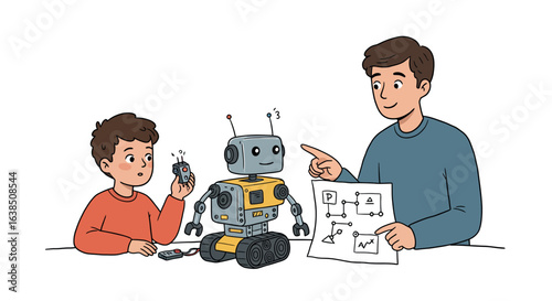 Father and son building a robot together using simple instructions