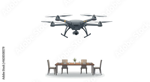Drone hovering above dining table in modern minimalist setting