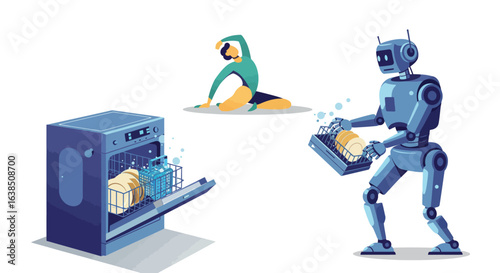 Robot doing household chores while woman exercises for a modern lifestyle concept
