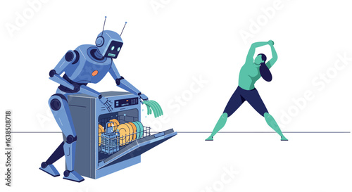 Futuristic robot loading dishwasher while woman exercises in ai-driven home