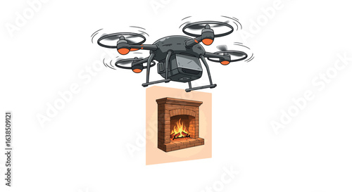 Delivery drone carrying brick fireplace with flames in cartoon style