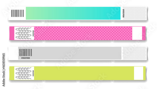 Wristband bracelet event access. Mock up paper hand band. Sticky hand entrance event paper bracelet isolated on a transparent background.