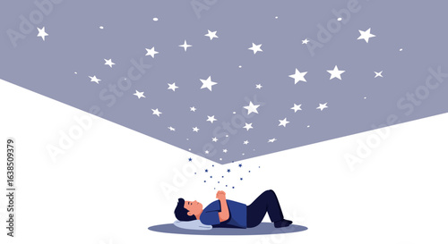 Dreamy night sky: man lying down gazing at stars in peaceful setting