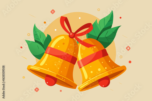 Festive golden christmas bells tied with a red ribbon and green leaves