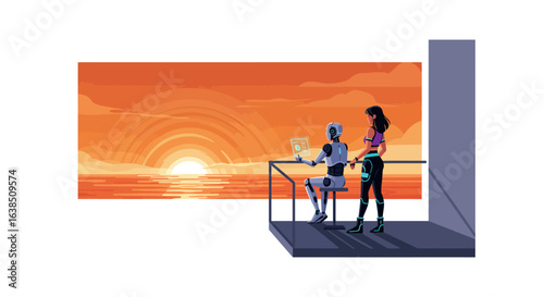 Futuristic scene with human and robot admiring sunset
