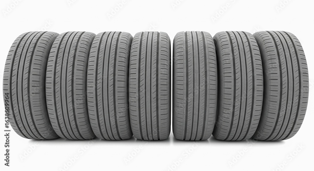 Six new vehicle tires arranged in a row, showcasing tread patterns and rubber details. Six new vehicle tires arranged in a row, showcasing tread patterns and rubber details.