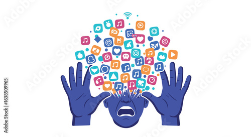 Overwhelmed individual with social media icons in colorful flat design