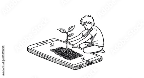 Digital planting: child nurturing nature from smartphone in sketch style