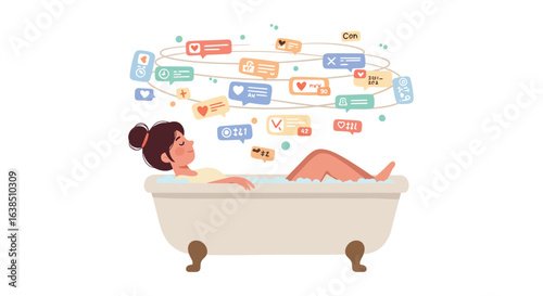 Woman relaxing in bath with social media notifications floating around