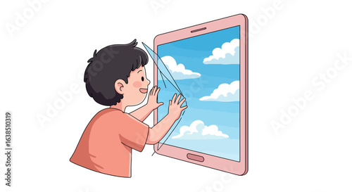 Child imagines dreamy sky through tablet window in cute cartoon style