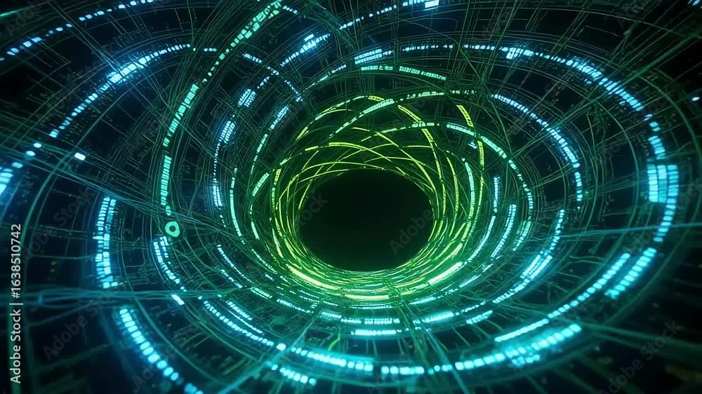 Abstract technological tunnel with glowing neon lines, futuristic cyberspace animation for background