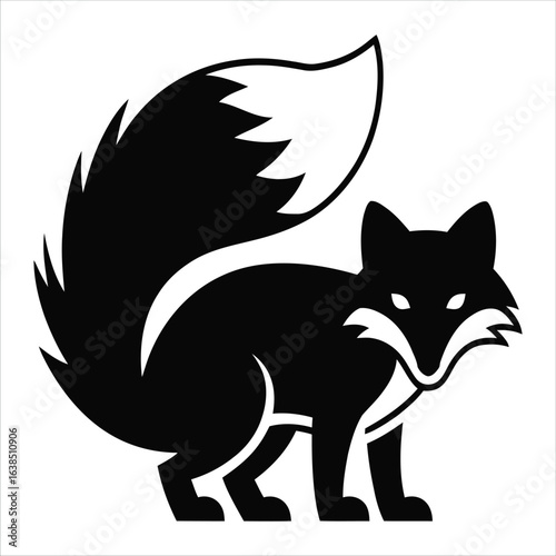 Minimalist black fox icon with a bushy white-tipped tail. Stylized animal silhouette vector graphic.