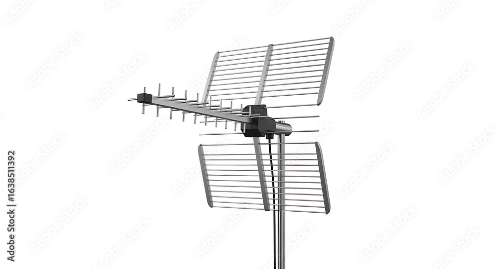 Fototapeta premium A gray television antenna with multiple horizontal bars isolated against a white background space above ai generated