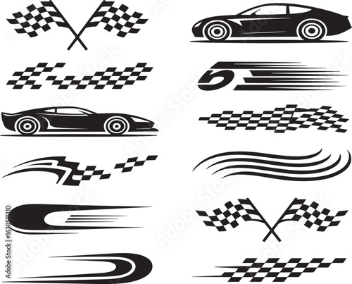 Racing Car Graphics Checkered Flags, Speed Stripes, and Car Silhouettes