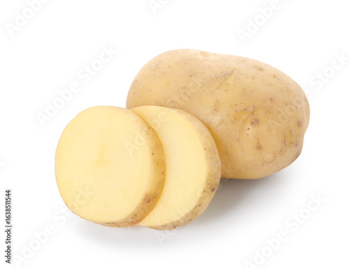 Whole and cut potatoes isolated on white