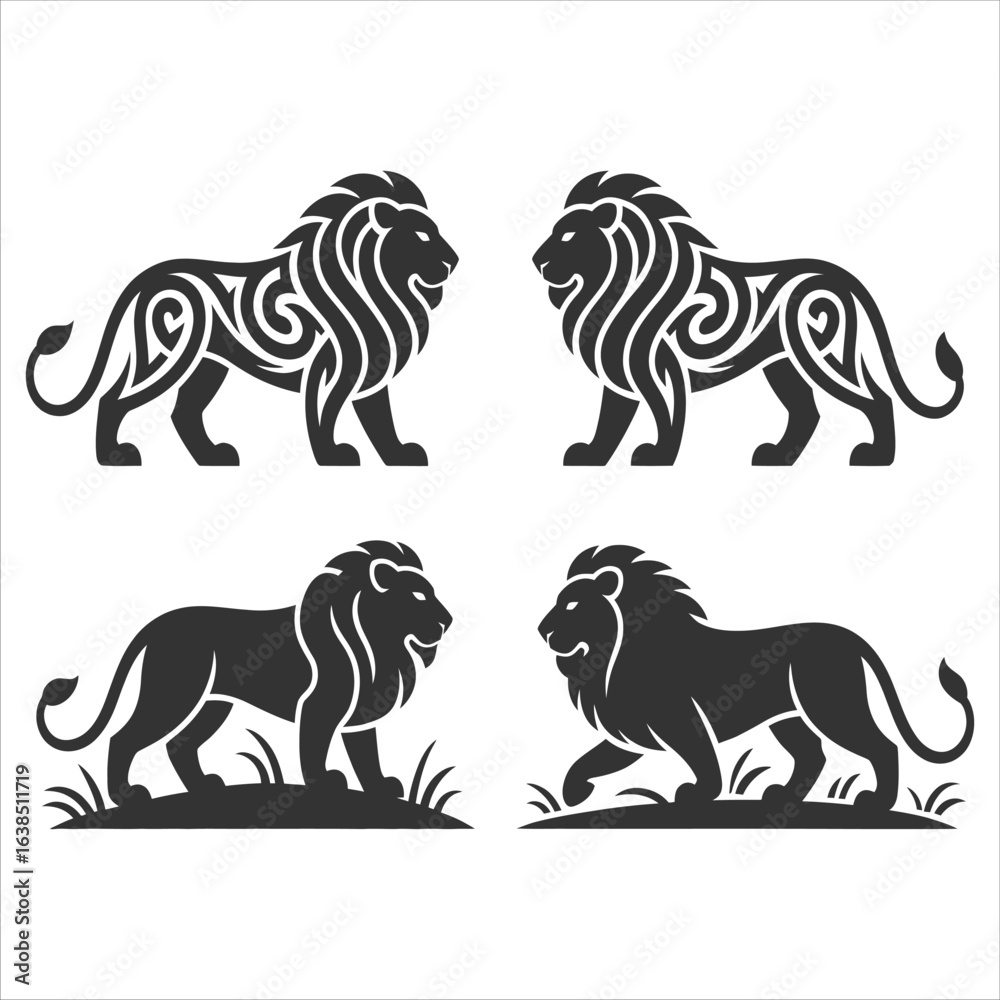 Obraz premium Collection of majestic lion vector illustrations. Set of tribal ornament and classic silhouette animal graphics for heraldic emblems.