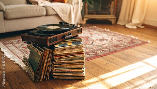 Vintage Record Player, Vinyl Stack, Sunny Living Room