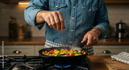 Old gentleman seasoning a cast iron skillet of vegetables