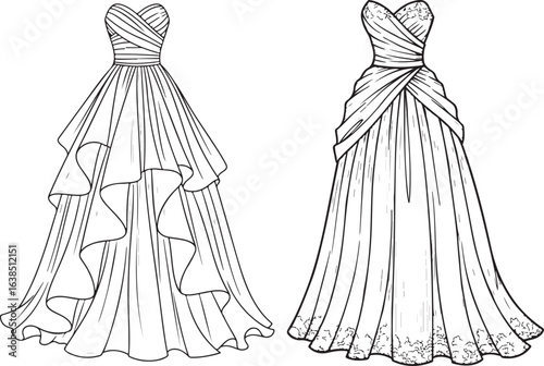 Two Elegant Wedding Dress Illustrations, Line Art, Black and White, Vector Design