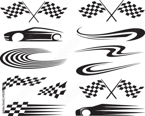 Racing Car Graphics Checkered Flags, Speed Lines, and Car Silhouettes