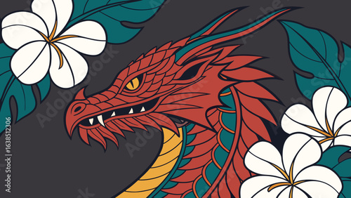 red and blue dragon with frangipani flowers, stylized illustration design.