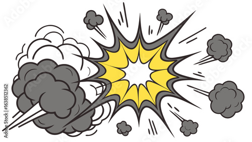 comic book explosion with smoke clouds debris and yellow starburst in black white illustration design.