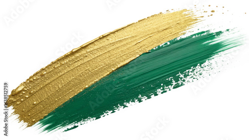 golden yellow and emerald green abstract paint brush strokes with textured artistic effects isolated on white background.