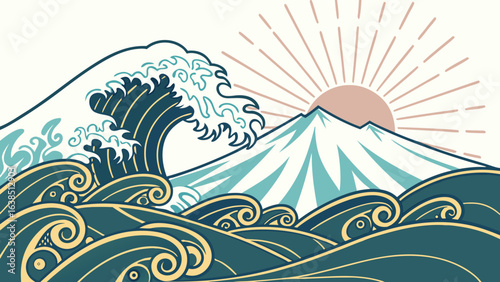 traditional japanese waves with mount fuji and radiant sun in decorative art style