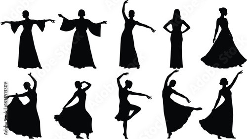 Female dancer silhouette set, elegant woman dance poses vector clipart, ballet performance design, flat vector illustration