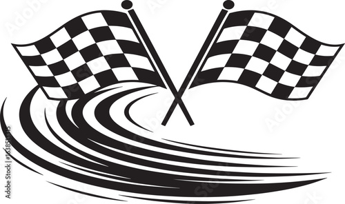 Racing Finish Line Crossed Checkered Flags and Swirling Track