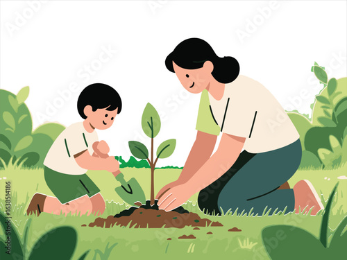 A mother and child planting tree together, embodying growth, sustainability and environmental responsibility. 