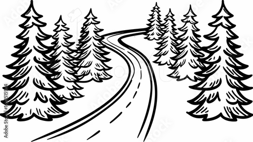 A winding road through a forest of evergreen trees in a black and white outline illustration style image | editable eps vectors silhouette