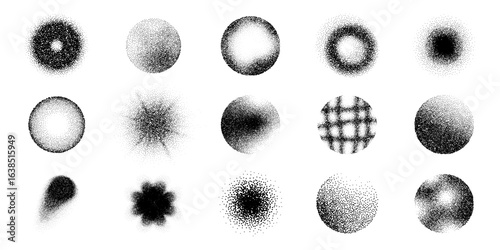 Set of various circle grainy gradients. Black radial noise gradations, vector grunge spray textured dots isolated on white. Round brush strokes, spots. Dot work stipple halftone retro design elements.