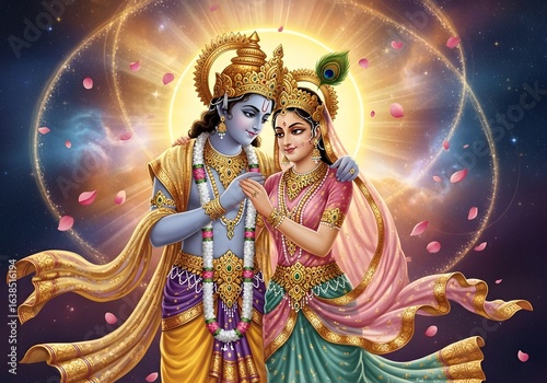 The Divine Love of Radha and Krishna in a Celestial Embrace