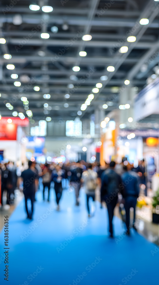Obraz premium Blurred Trade fair show background, exhibition with booths for business, companies and industry to showcase and demonstrate products and services, for people, partners and customers