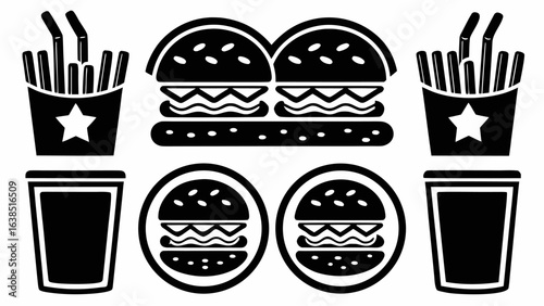 Black and white graphic of fast food items including burgers fries and drinks in a simple arrangement | editable eps vectors silhouette
