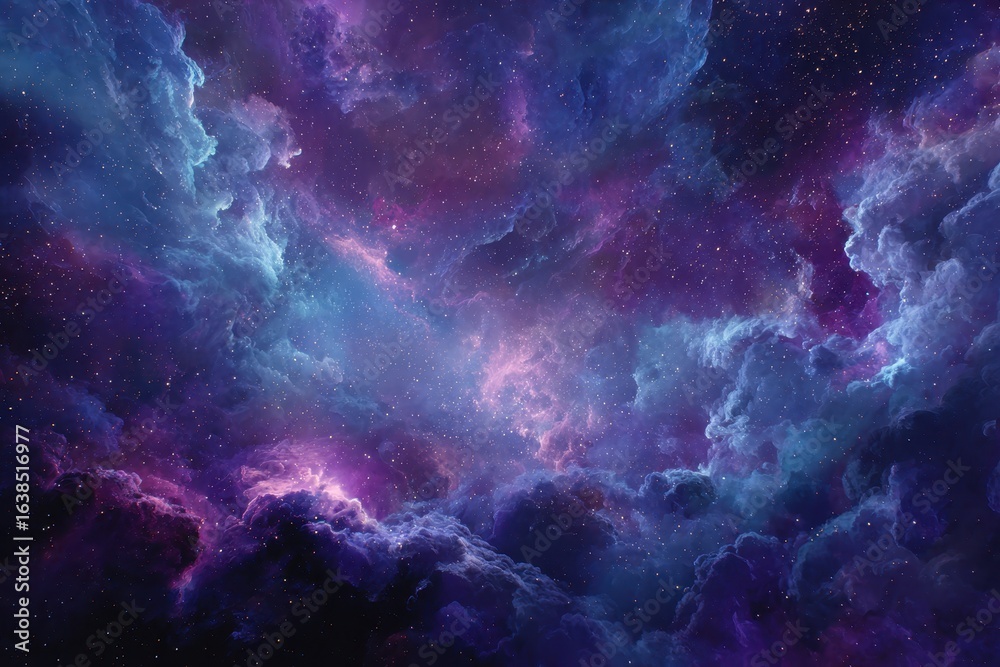 Obraz premium Nebula stardust wallpaper showcasing vibrant blue, purple, and magenta hues in a cosmic display of stars and clouds against a deep space backdrop