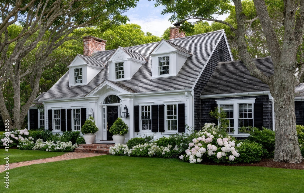 Obraz premium A large, white house with black shutters and a gray roof stands on the green lawn, surrounded by trees in the bright spring weather.