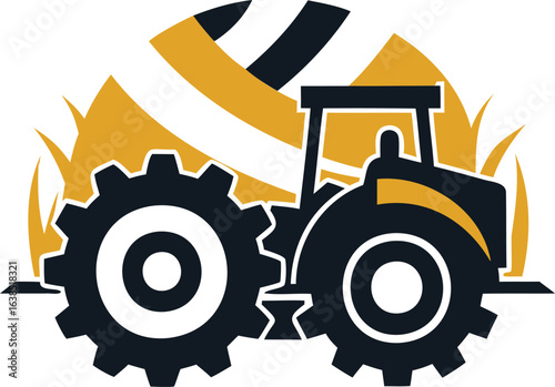 Illustration of a tractor with gears and wheat, isolated on white background, representing agriculture, farming, and rural life with a modern design