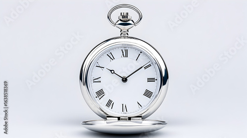 An antique silver pocket watch with elaborate details set against a white backdrop is a timeless piece of timepiece.